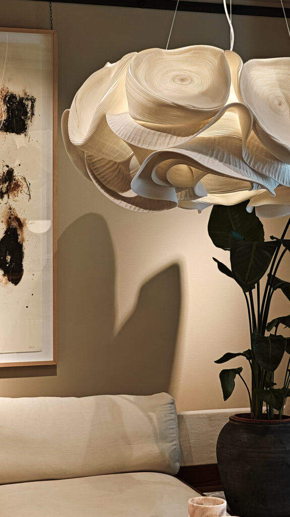 Llum suspesa de disseny floral sobre un sofà amb planta i quadre abstracte durant la Design Week d’Estocolm.